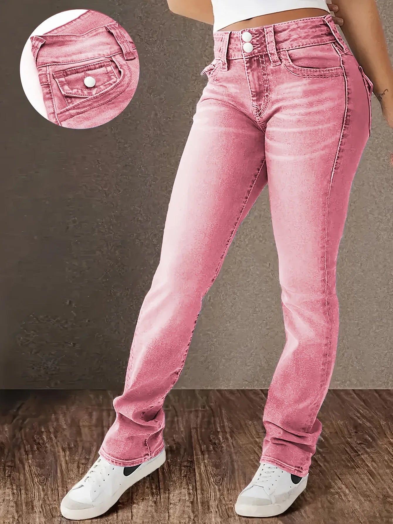Women's stretch jeans pink wash, low-rise slim fit denim with hip lift effect, double-breasted placket, stylish and sexy jeans.