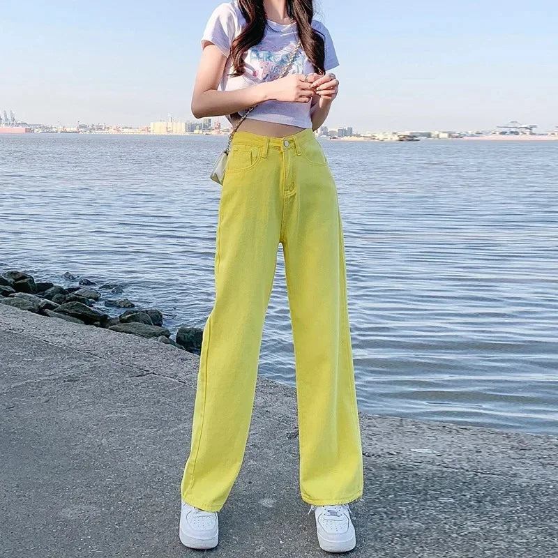 Loose Wide Leg Jeans Women's New Style Pink High Waist Slimming Floor Length Vibe Wind Summer Jeans Casual Comfortable Fit