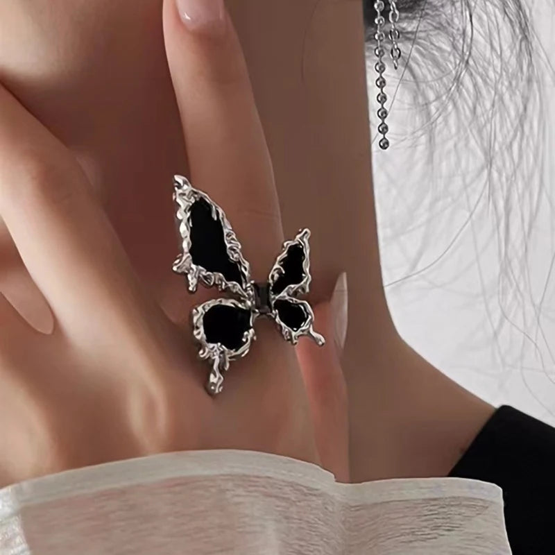 Gothic Irregular Gemstone Ring Aesthetic Girls Adjustable Black Stone Ring Women's Liquid Punk Ring Vintage Jewelry Accessories