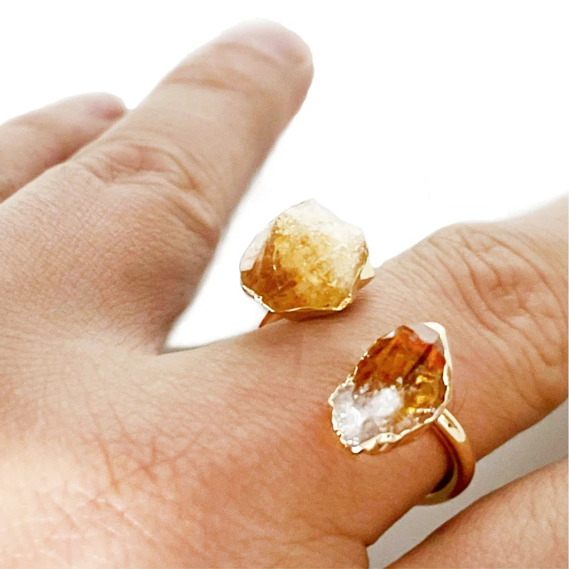 Irregular Citrine Rough Stone Open Ring for Women Girls Golden Handmade Finger Energy Jewelry Adjustable Size