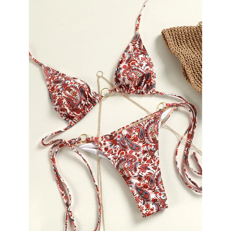 Bathing Suits Triangle Bikinis Printed Swimwear Women's Low Waist Swimsuit Bandage Biquini Set New Two Piece Suits