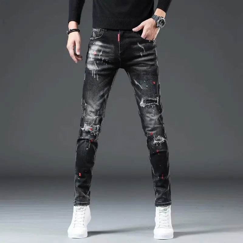 High Street 2022 Fashion Casual Ripped Jeans Men's Patch Teenagers Cowboy Paint Splash Ink Black Pencil Pants Skinny Jeans Men