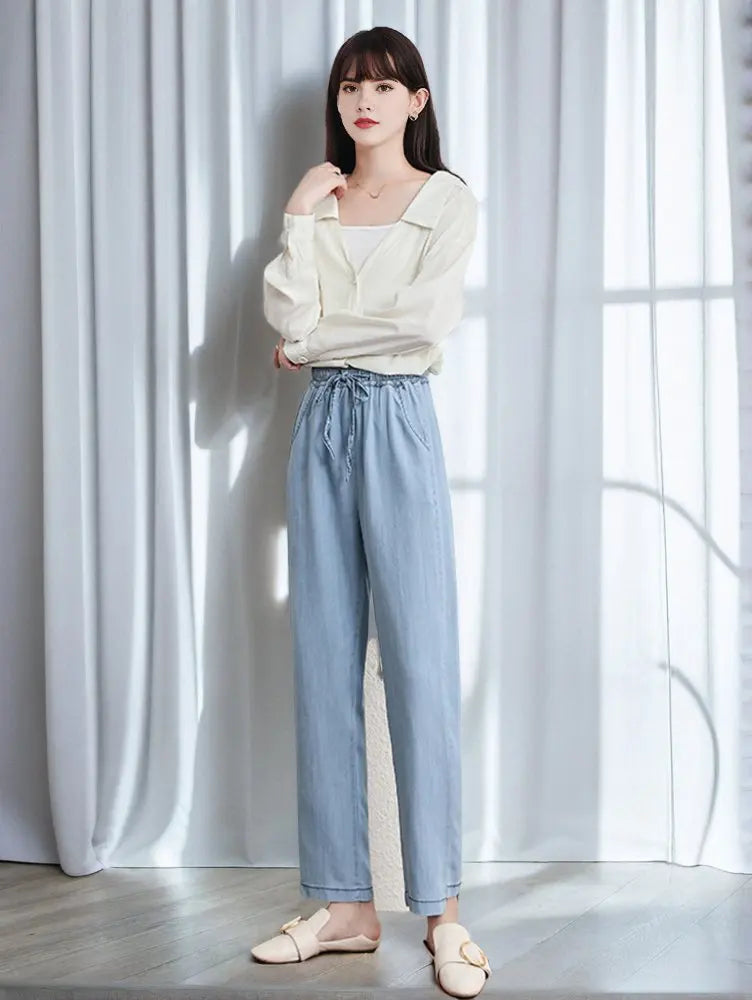 New 2025 Spring Summer Denim Jeans For Women Blue Or Sky Blue Color High Elastic Waist Wild Denim Pants Trousers Hot Sale
