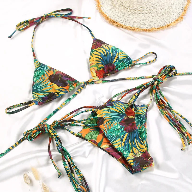 Triangle Bikinis Set Bandage Swimwear Women's Two-Piece Swimsuit Sexy Bathing Suit Floral Printed Biquini Micro Thongs Beachwear
