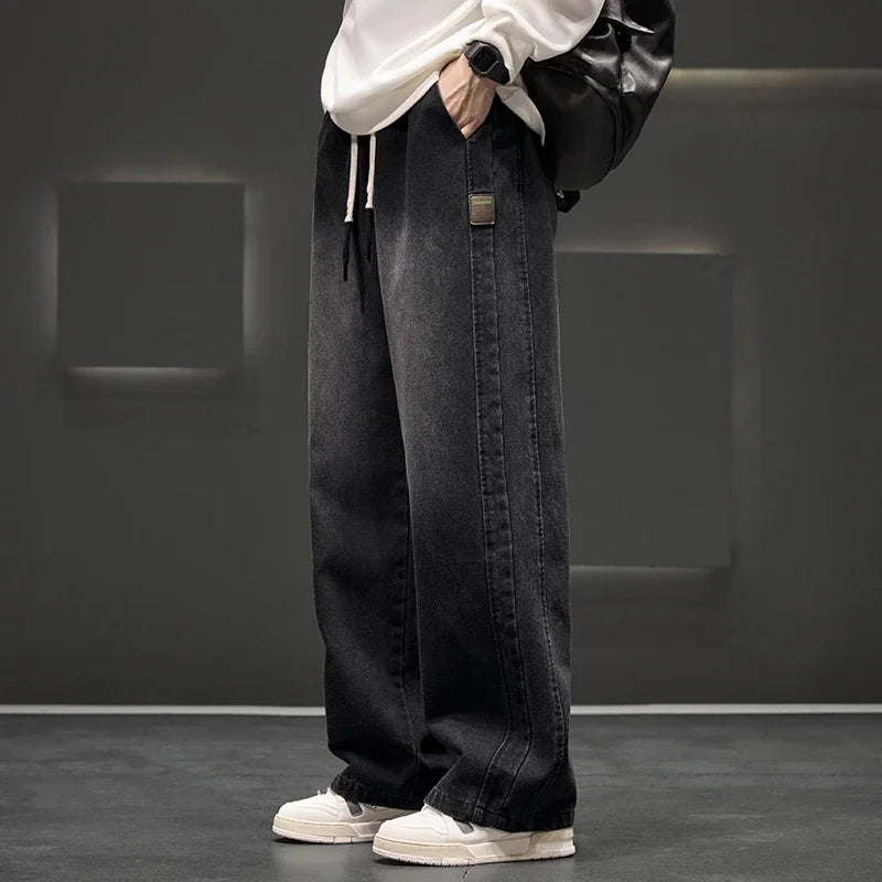 8XL New Wide Leg Washing Jean Pants Men Trousers Neutral Solid Color Loose Casual Straight Outdoor Fashion Plus Size Pants