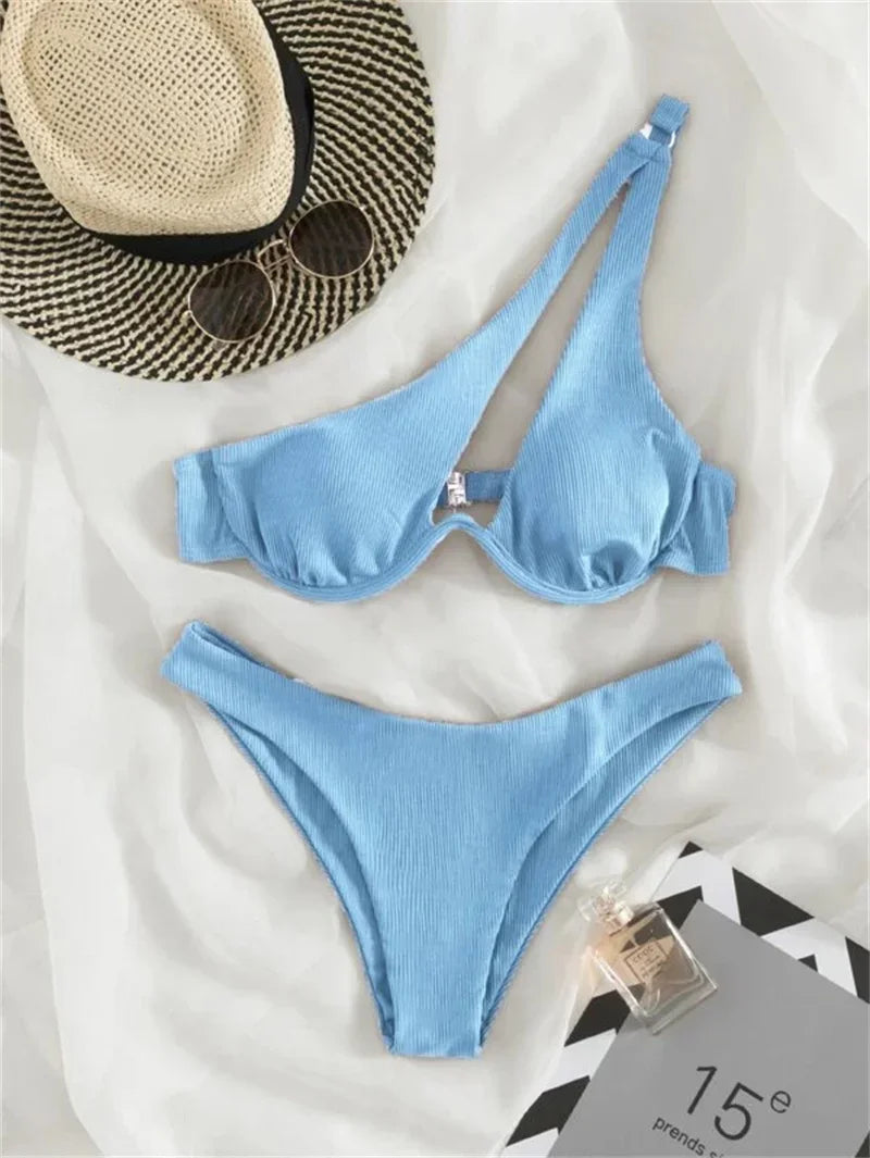 Sexy One Shoulder Bikini Set 2025 Women Red Black Push Up Underwire Micro Swimsuit Brazilian Cut Out Bathing Suit Thong Swimwear