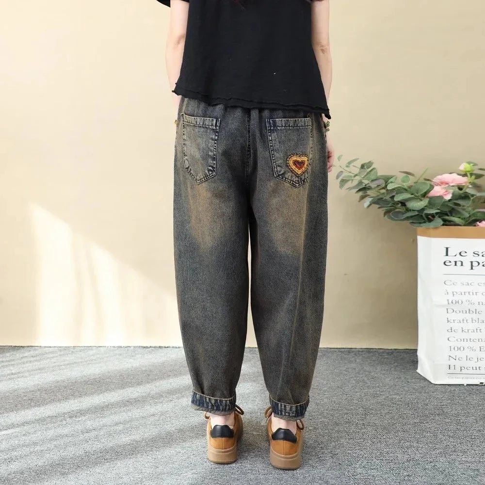 Artistic Retro Embroidered Jeans Women's Wear 2025 Spring Autumn New Loose High Waist Elastic Denim pants Female Casual Trousers