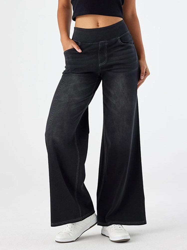 Women Jeans Denim Pant Wide Leg Long Pants Y2k Streetwear Elastic Waist Straight Trousers Elegant Mom Jeans Temperament Casual