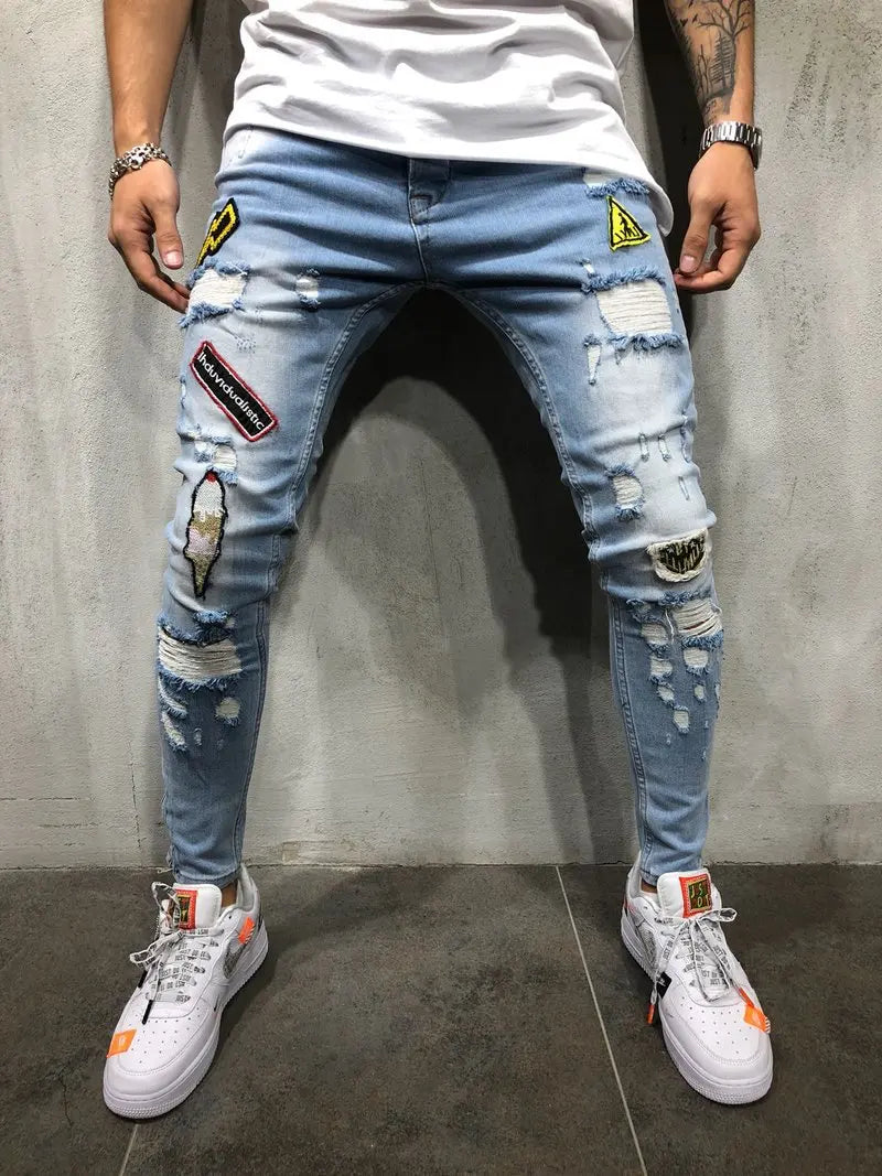 European and American Best-selling Men's Hip Hop High-End Slim-Fit Ripped Slim-Fit Pants, New Style Micro-Badge Slim-Fit Jeans