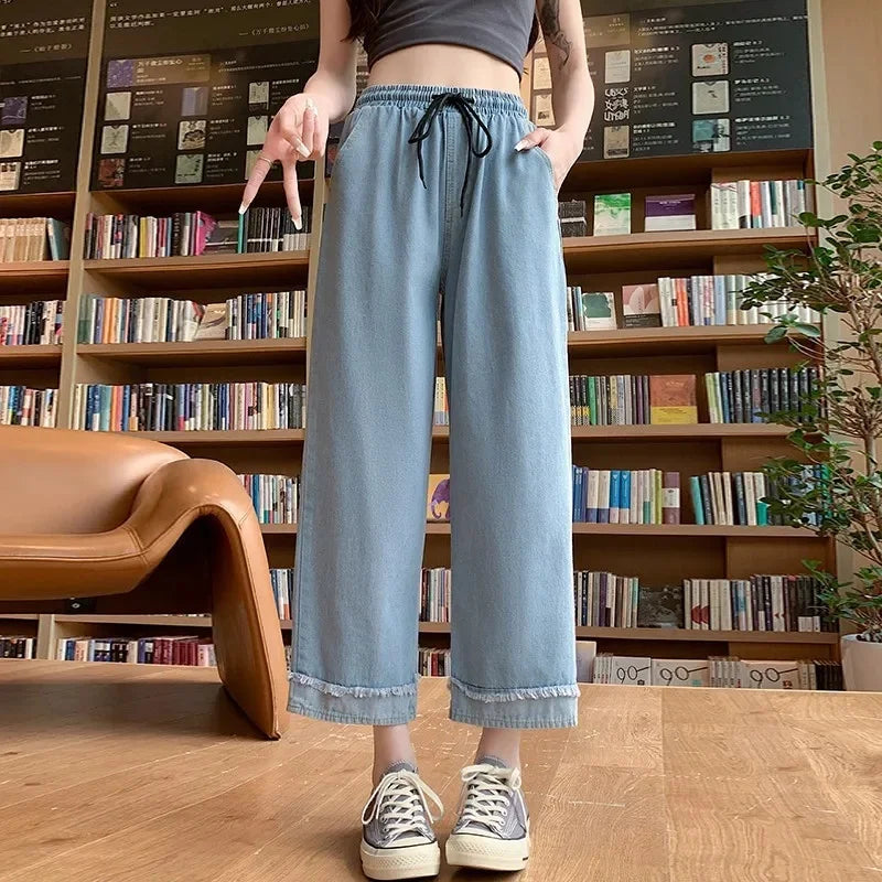 High Waist Straight Leg Casual Denim Pants Loose Wide Leg Crop Jeans Plus Size Comfortable Trousers For Women