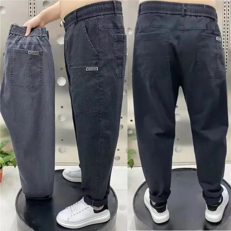 Harajuku Stretch Korea Streetwear Loose Solid Denim Jeans Elastic Waist for Men Spring Summer New plus size 7XL 8XL Casual Pants