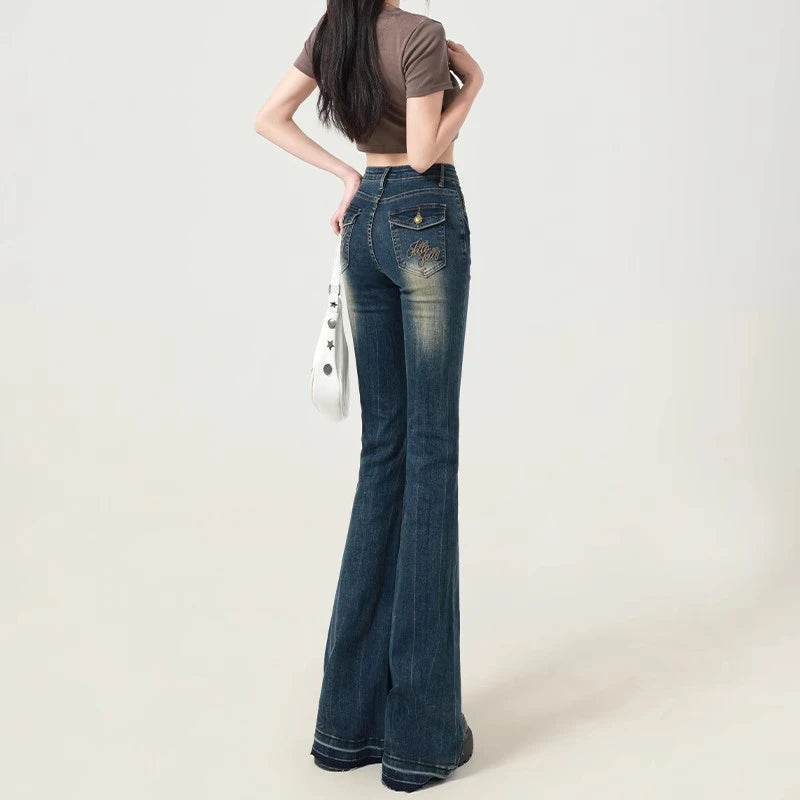 Women's Blue Y2k Flare Jeans Baggy Harajuku Streetwear Aesthetic Denim Trousers Jean Pants Oversize Vintage 2000s Trashy Clothes