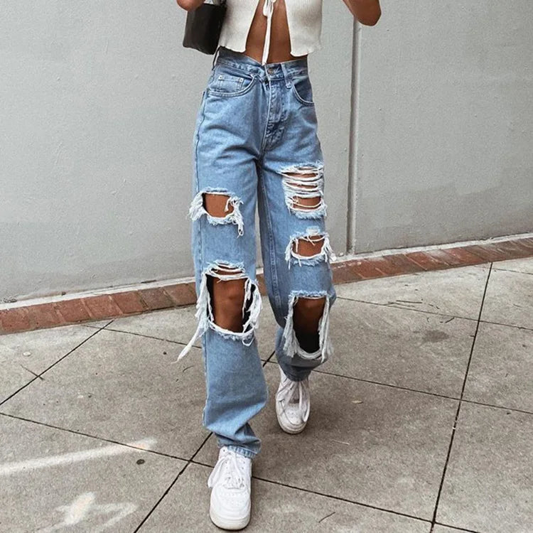 Women High Quality Washed Ripped Straight Leg Jeans, Spring New Street Personality Fashion Comfortable High Waist Wide Leg Pants