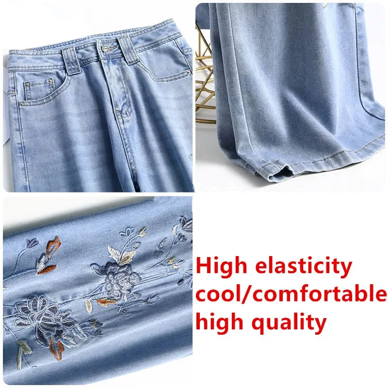 Light Blue Chinese Style Embroidery Wide Leg Jeans for Women with High Waist To Show Thin and Smooth, Soft Silk Material Jeans