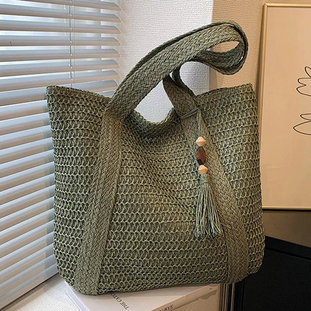 Hand-Woven Handbags Summer Ladies Woven Bag Fashion Handmade Simple Large Capacity with Tassel Pendant Shopping Handbag Tote