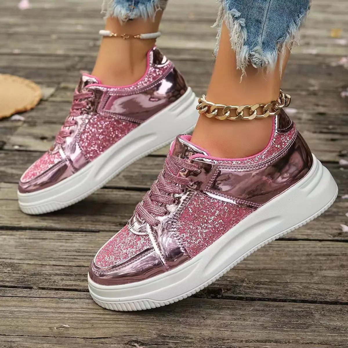 Gold Sequins Platform Sneakers Fashion Casual Sports Shoes