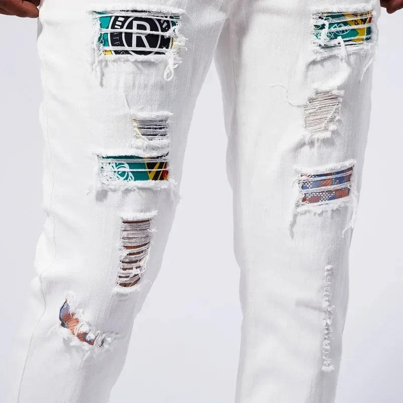 White 97% Cotton Jeans Men Clothing New Ripped Slim Patchwork Fashion Hole Skinny Elasticity Denim Trousers Male Streetwear