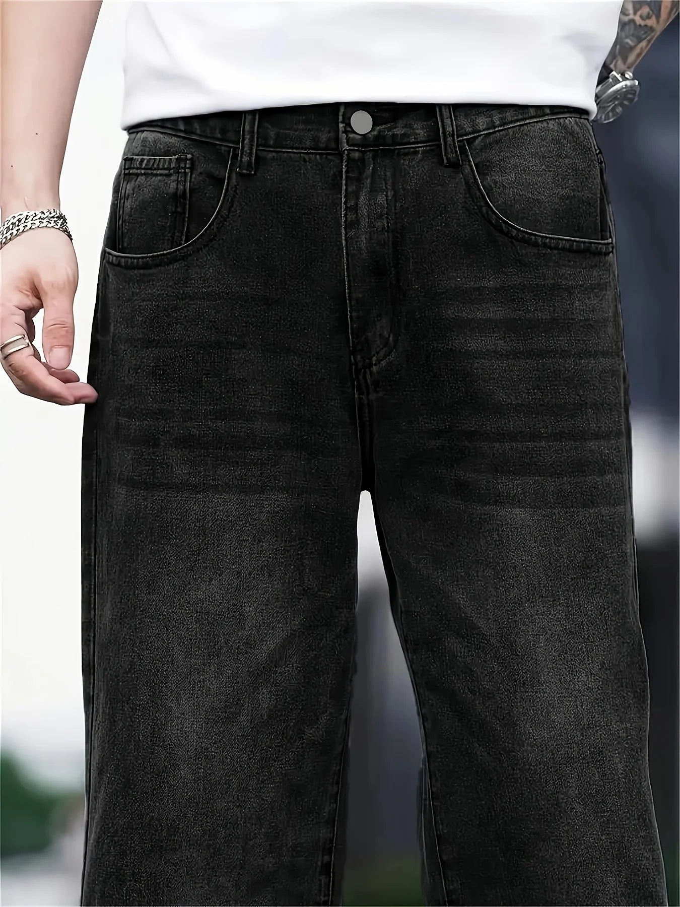 Men's fashion hip hop style loose straight jeans solid color American high street straight pants