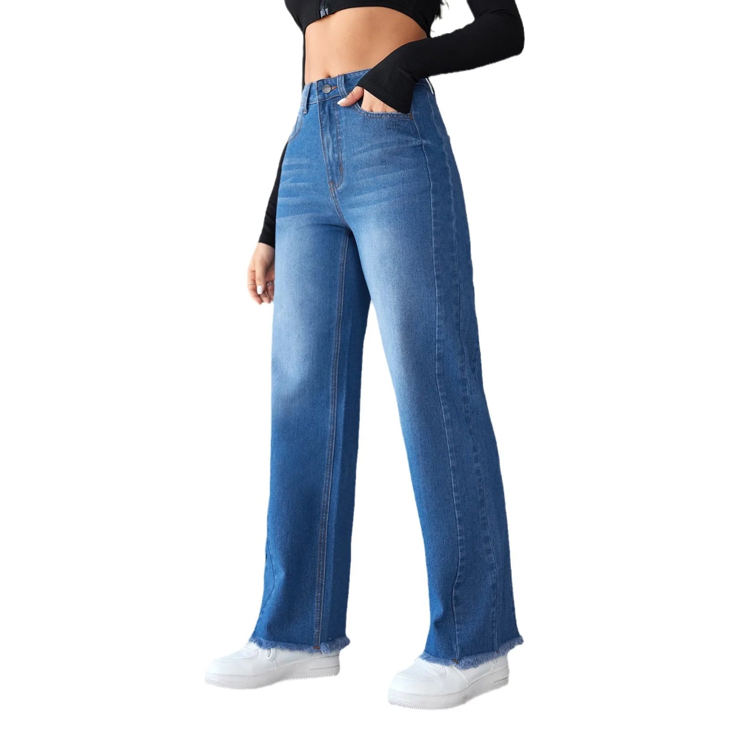 New Temperament High-waisted Wide-leg Jeans. Four Seasons Fashionable,simple,comfortable and Casual Straight-leg Jeans for Women