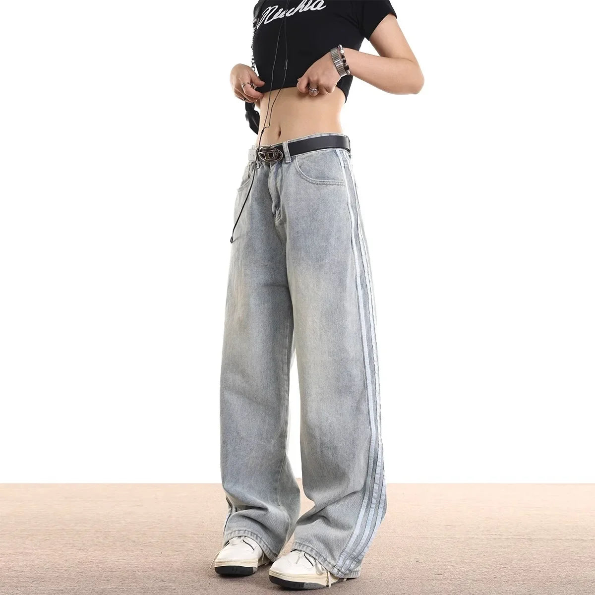 Vintage Striped Jeans Women's Loose-Fit American Style Spring Autumn New Straight-Leg Long Pants Trendy Brand Casual Wear