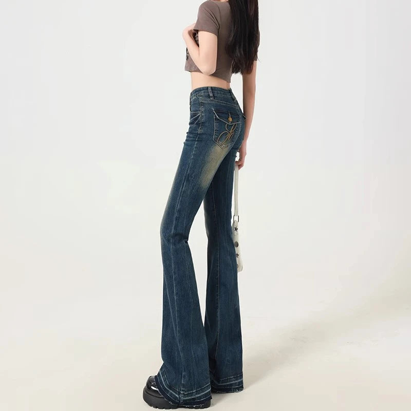 Women's Blue Y2k Flare Jeans Baggy Harajuku Streetwear Aesthetic Denim Trousers Jean Pants Oversize Vintage 2000s Trashy Clothes