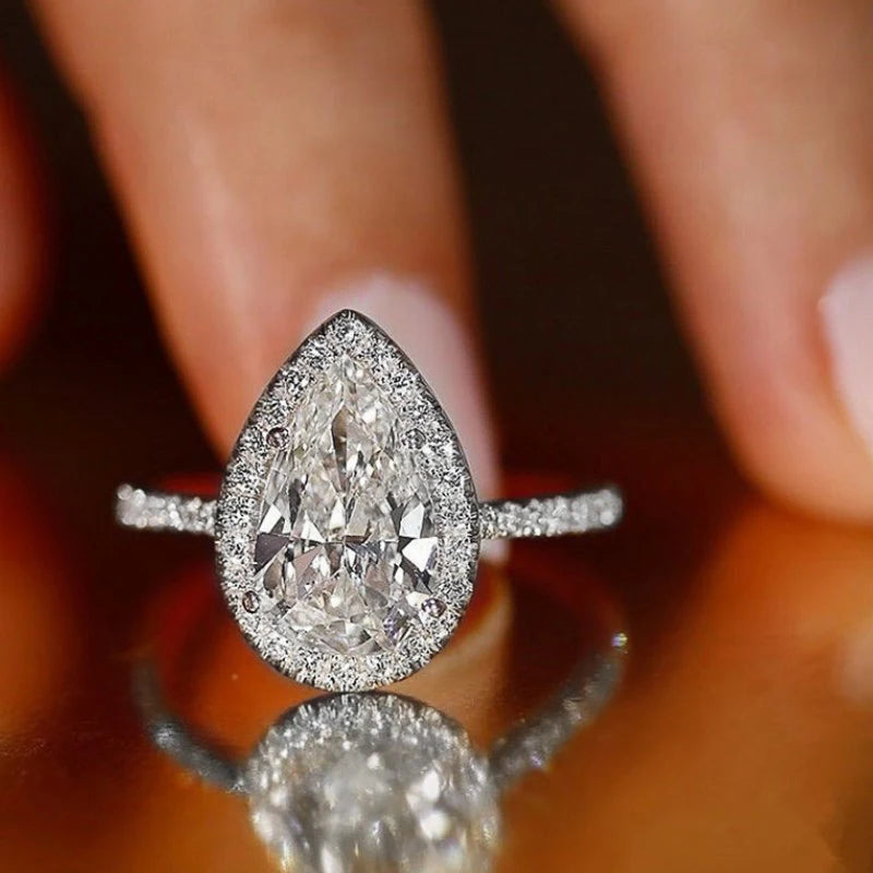 Huitan Pink/Crystal Waterdrop Cubic Zircon Rings for Women Classic Design Eternity Wedding Engagement Rings Silver Color Jewelry