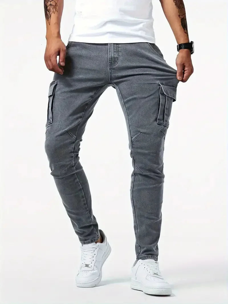 Jeans Pencil Pants Men Vintage Denims Distressed Strecth Mid Waist Washed Multiple Pockets Skinny Straight Trousers Streetwear