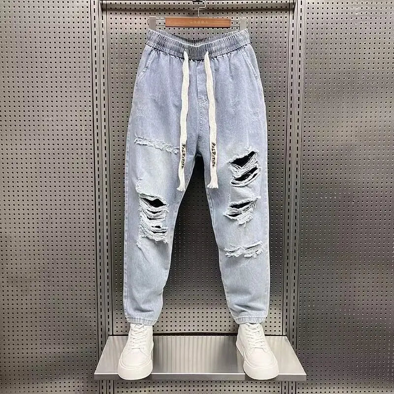 New Loose and Casual Denim Jeans for Men Spring and Autumn Harem Distressed Stretch Baggy Cargo Blue Jeans Jogger Pants