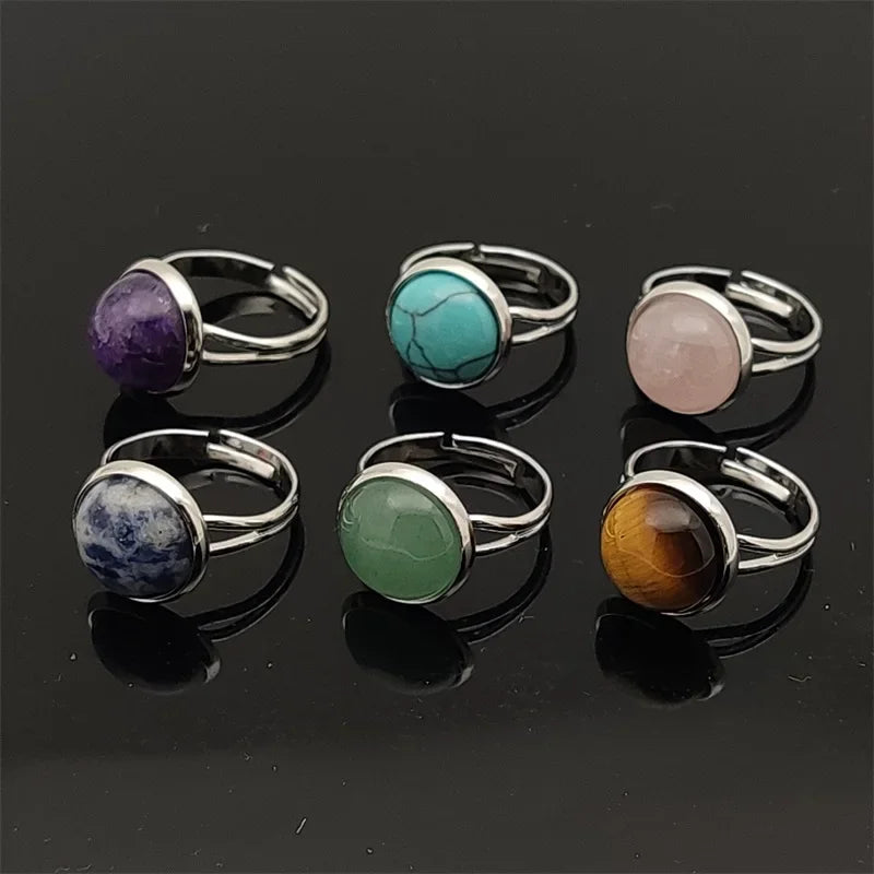 12mm Round Healing Natural Stone Ring Tiger Eye Opal Pink Crystal Adjustable Joint Ring for Women Jewelry