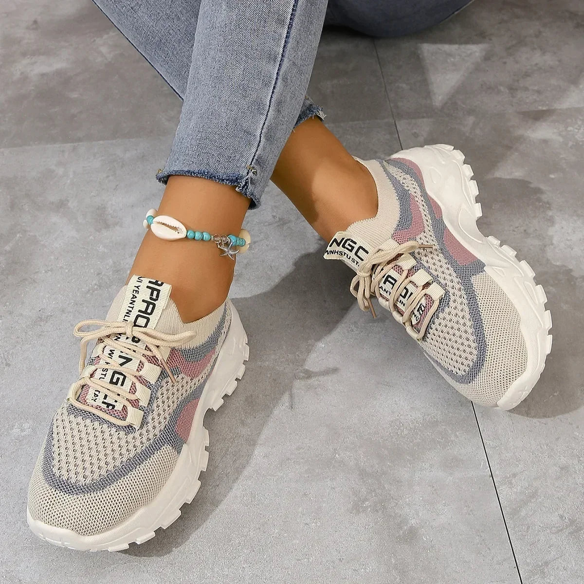 New Fly Woven Mesh Casual Breathable Sneakers Korean Style Thick-Soled Daddy Shoes Mesh Red Shoes Light Running Shoes