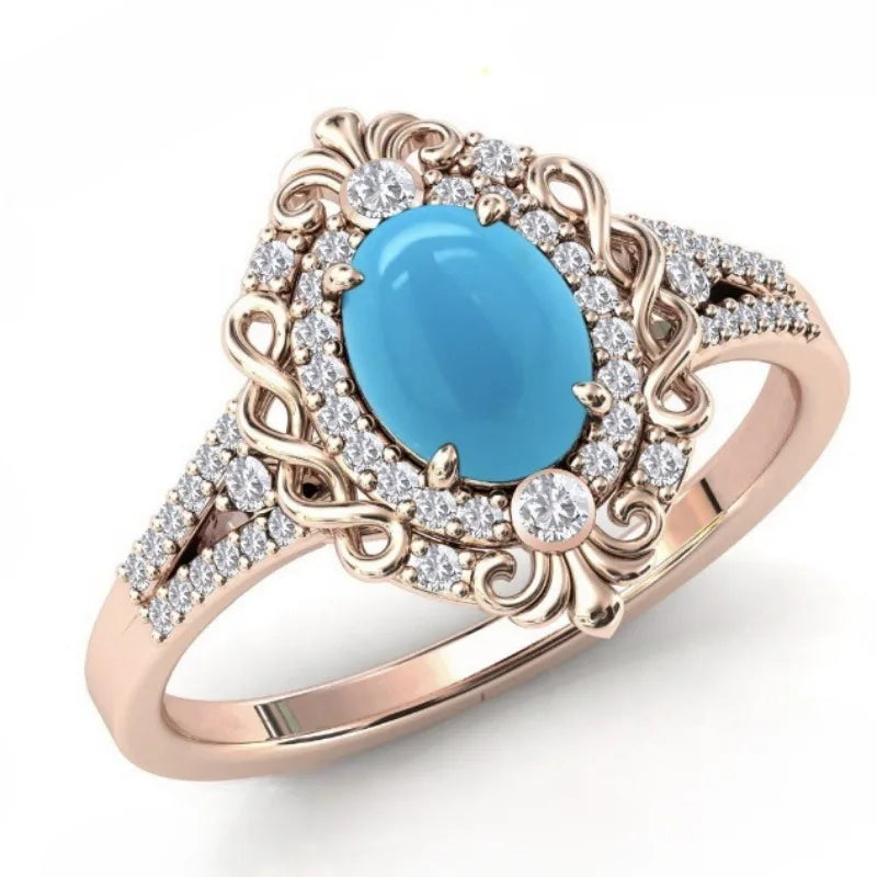 European and American new women's fashion retro court style blue turquoise engraved ring
