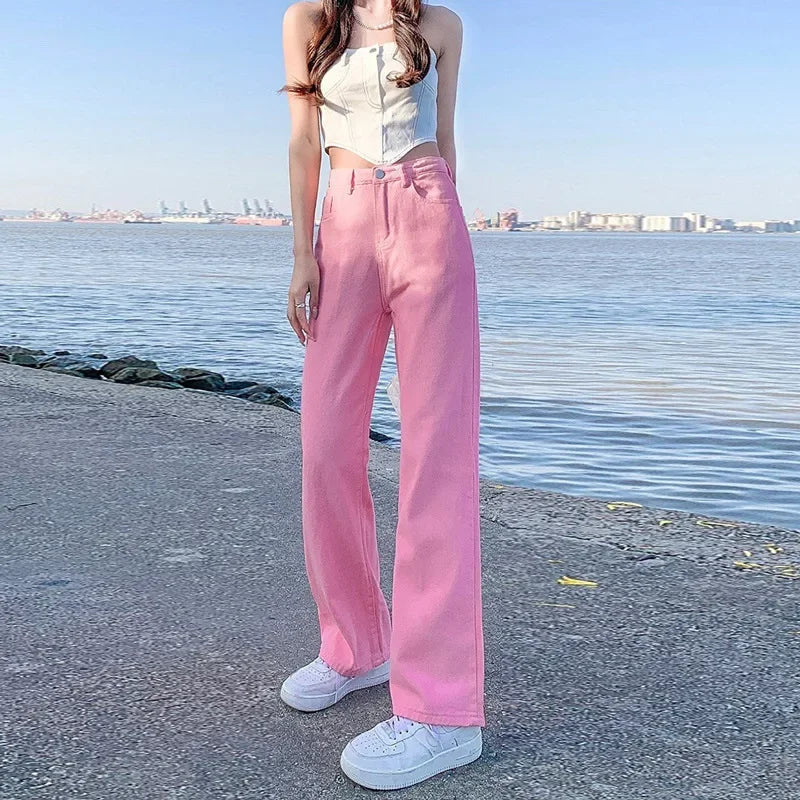 Loose Wide Leg Jeans Women's New Style Pink High Waist Slimming Floor Length Vibe Wind Summer Jeans Casual Comfortable Fit