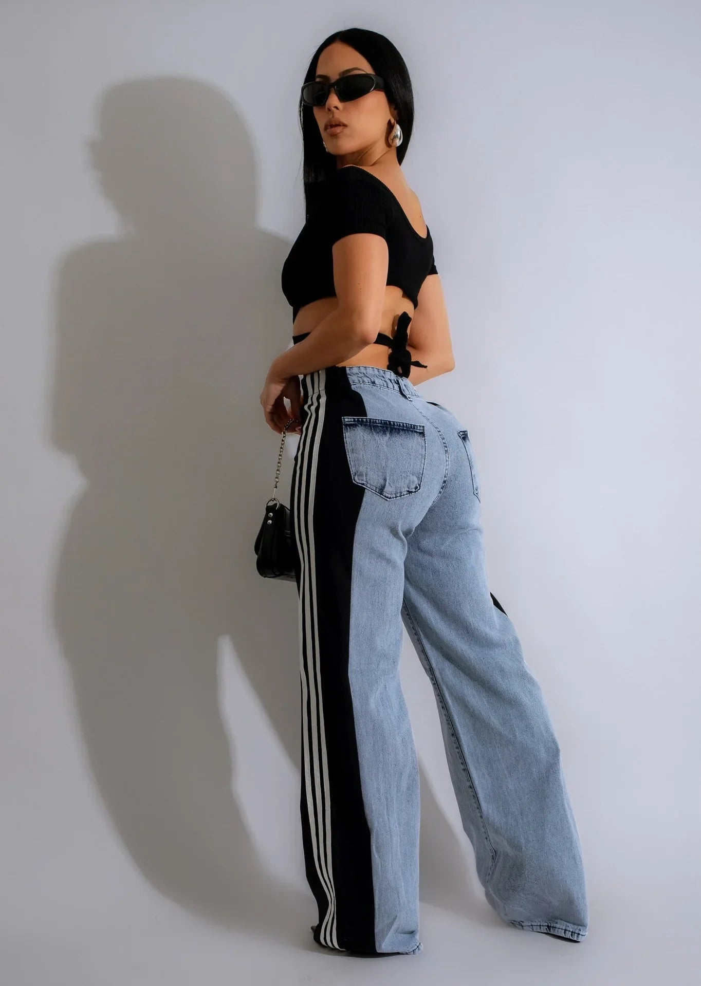 Sideseam Striped Wide Leg Jeans Women High Waist Stretch Denim Pants Patchwork Colorblock Straight Trouser
