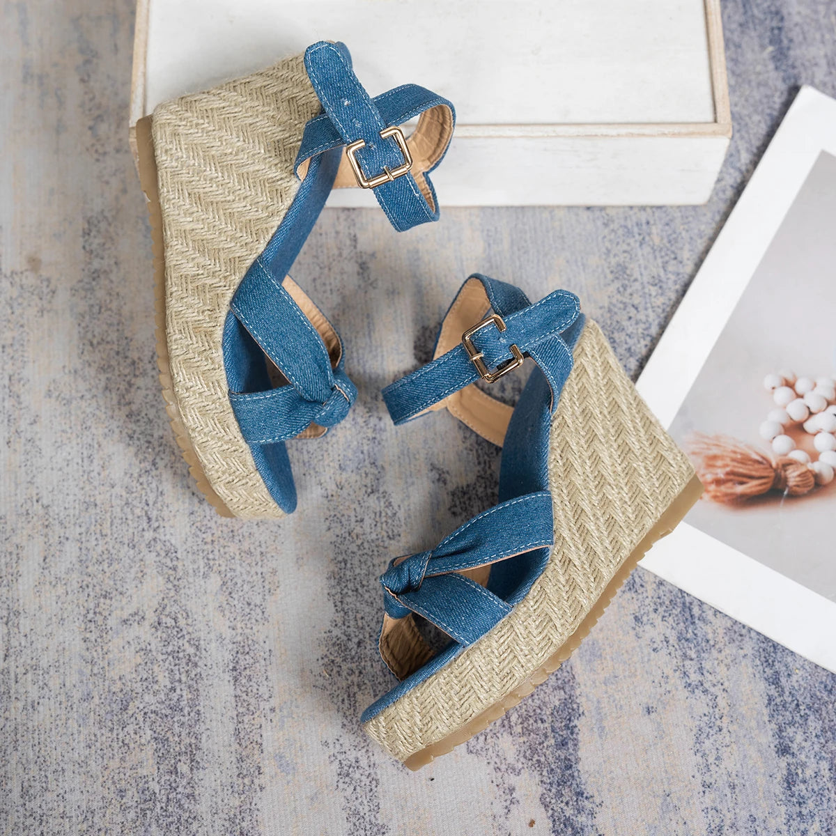 New Summer Comfortable Round Toe Buckle Thick Sole Casual Sandals Fashionable Wedge Banquet High Heels Women's Shoes