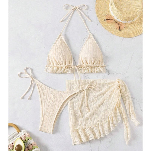 Sexy Bikini Set Bathing Suit Women Triangle Spliced Ruffles Halter Bikini Push Up Bandage Cover Up Beachwear 3 Piece Swimsuit