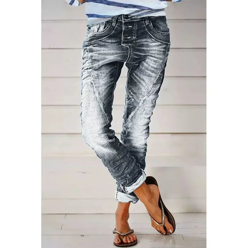 Jeans Denim Pants Capris 2025 Women Vintage Elastic Waist Long Flare Pants High Waist Slim Work Summer Blue Elegant Jeans Capris