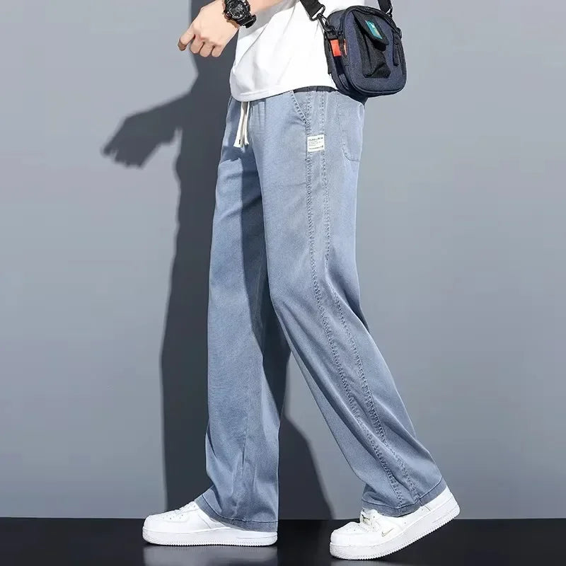 2025 New Summer Soft Lyocell Fabric Men's Jeans Thin Loose Straight Pants Drawstring Elastic Waist Korea Casual Trousers