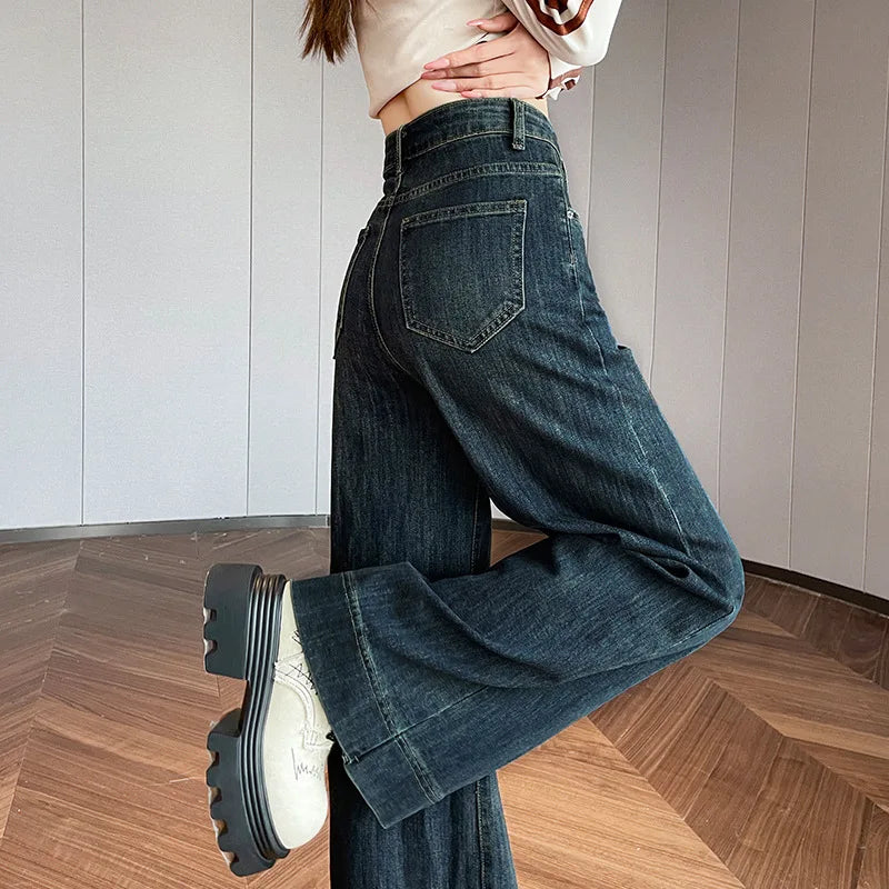 Women's Four Seasons New Fashion Loose Denim Wide-leg Pants, Casual Temperament High-waisted Straight Leg Floor-length Jeans