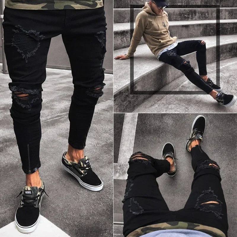 Punk Street Style Ripped Skinny Jeans Men Vintage Wash Solid Denim Trouser Mens Casual Slim Fit Pencil Denim Holes Pants 2025