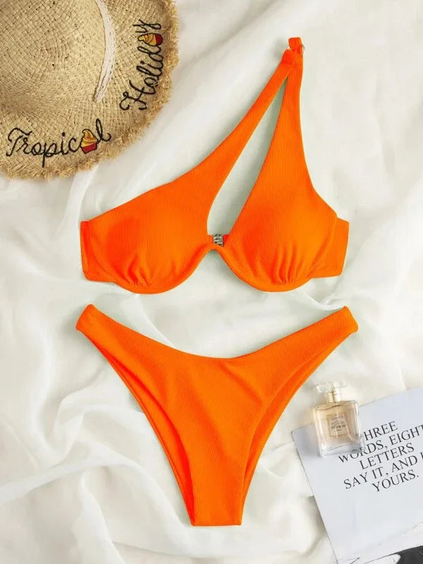 Sexy One Shoulder Bikini Set 2025 Women Red Black Push Up Underwire Micro Swimsuit Brazilian Cut Out Bathing Suit Thong Swimwear