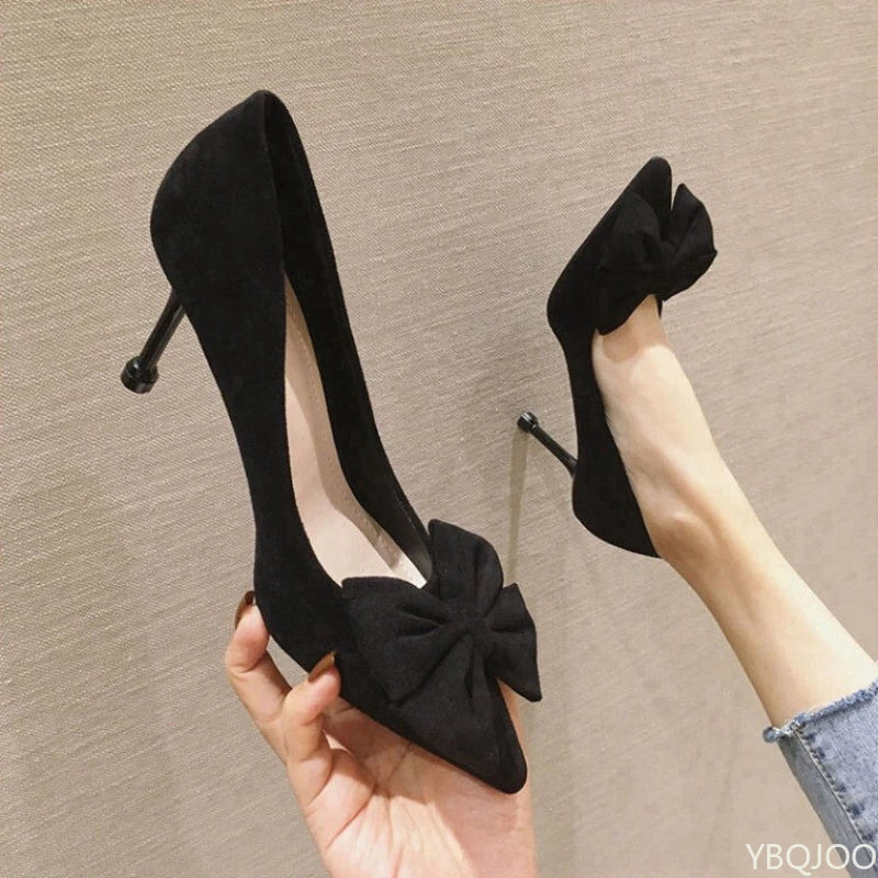 Women's trendy new Shoes Fashion bow tie slim high heels Sexy black Elegant shoes Fairy style comfort ladies pumps Zapatos Mujer