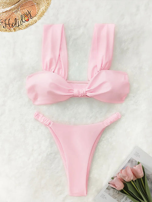 Fashion Sexy Vacation Bikini 2 Piece Set Women Solid Split Swimsuit High Waist Beach Bikini 2025 New Summer Swimwea Bikinis Set