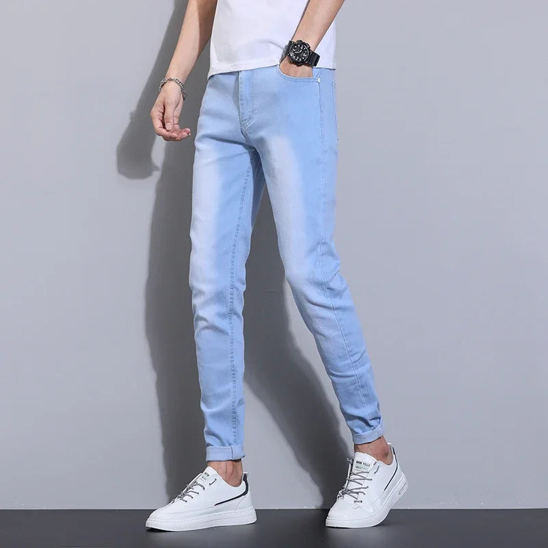 2025 Spring Summer Classic Fashion Men's Sky Blue Denim Pants Slim Men's Straight Male Brand Clothing Stretch Denim TrouseS