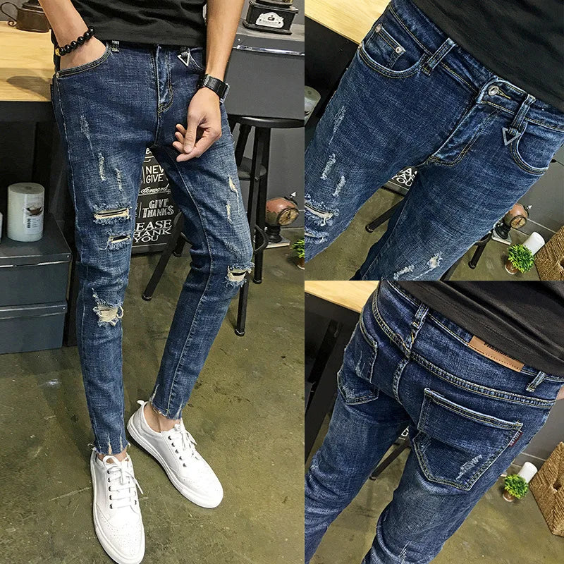 Wholesale 2022 Fashion Denim Pants Men\'s Boys Small Feet Ripped Holes Cropped Jeans Thin Men\'s Social Men Beggar Pencil Pants