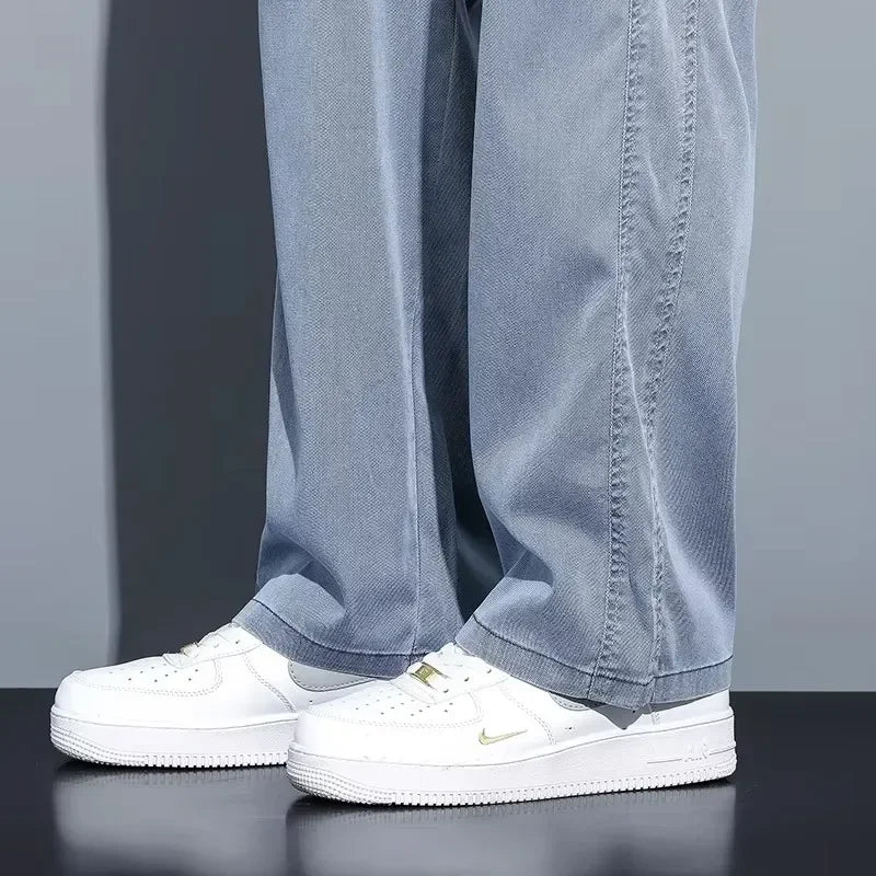 2025 New Summer Soft Lyocell Fabric Men's Jeans Thin Loose Straight Pants Drawstring Elastic Waist Korea Casual Trousers