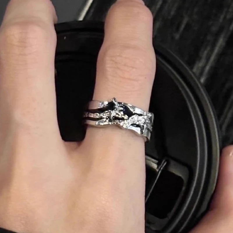 Gothic Irregular Gemstone Ring Aesthetic Girls Adjustable Black Stone Ring Women's Liquid Punk Ring Vintage Jewelry Accessories
