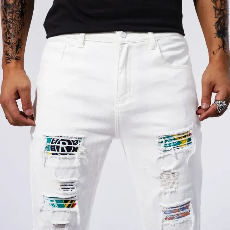 White 97% Cotton Jeans Men Clothing New Ripped Slim Patchwork Fashion Hole Skinny Elasticity Denim Trousers Male Streetwear