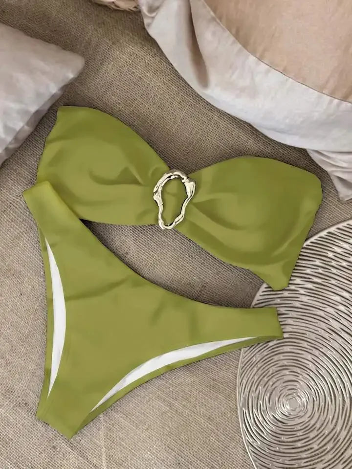 New Summer Swimwear Bikini Set Sexy Solid Strapless Bikini 2 Piece Set Women Split Swimsuit Low Waist Beach Bikini