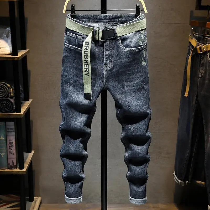 Harajuku Fashion Slim Fit Stretch Denim Jeans for Men Spring and Autumn Casual Blue Gray Water Wash Long Pants Luxury Slim Jeans