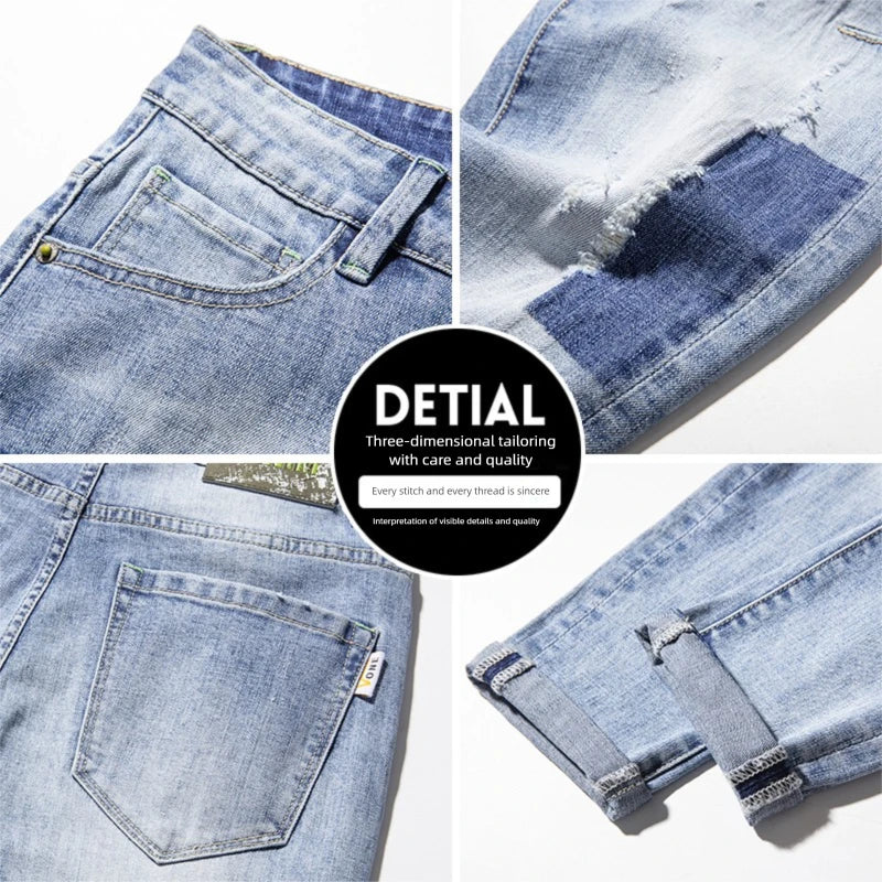 Summer Thin Men's Elastic Cotton Jeans - Fashionable Streetwear Blue Straight Fit Slim Casual Pants